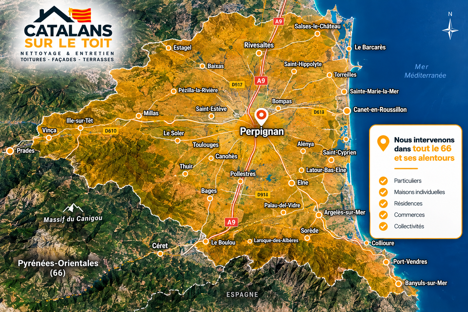 Carte détaillée de la zone d'intervention de Catalans sur le toit autour de Perpignan