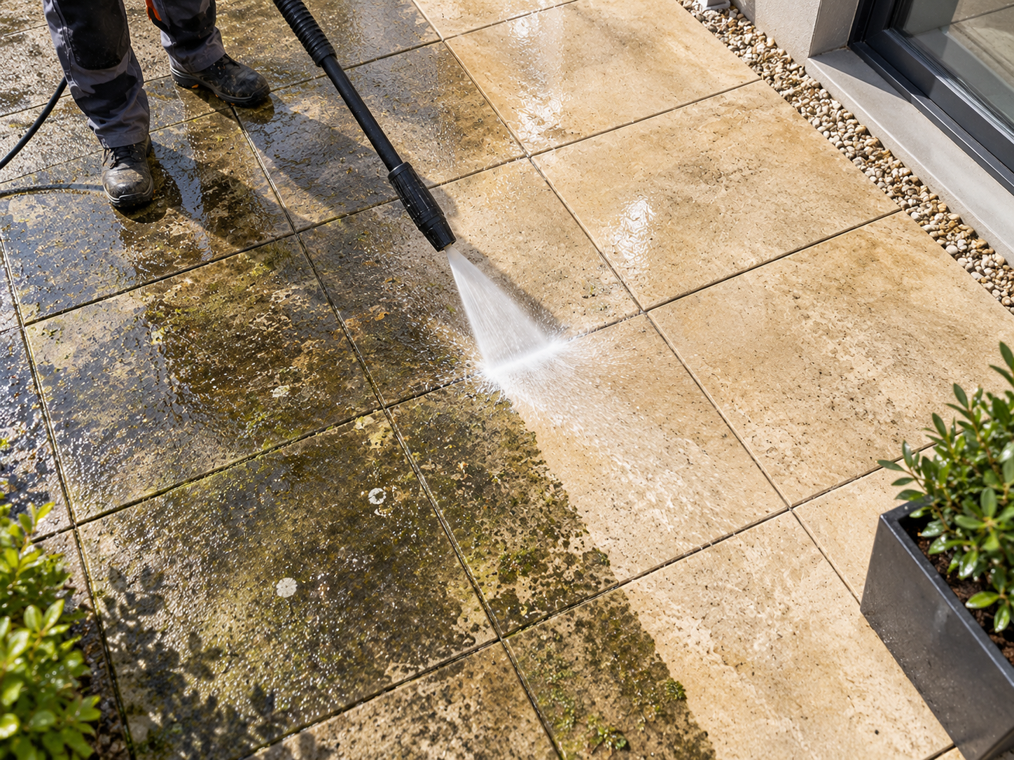 Terrasse extérieure en pierre après nettoyage et démoussage professionnel