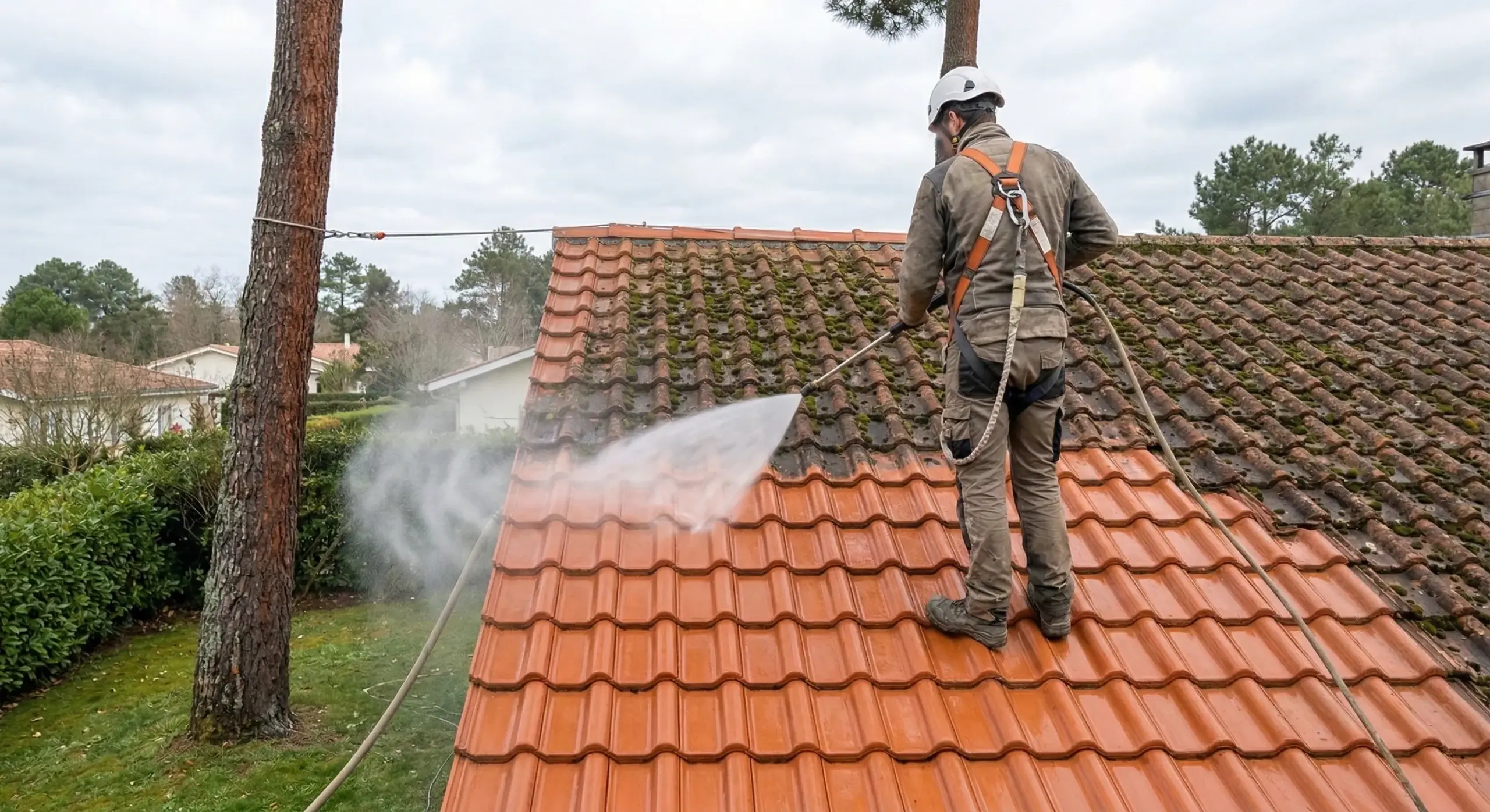 Artisan traitant les tuiles de toiture avec démoussage visible, contraste avant et après
